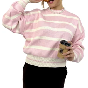 سویشرت بافت راه راه زنانه | خرید سویشرت فری سایز شیک برند پانیذ کد ۸۳۶