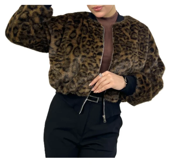 بامبر پلنگی زیپ دار زنانه | خرید بامبر جکت خز پلنگی فری سایز برند پانیذ ۷۴۳ - Image 4