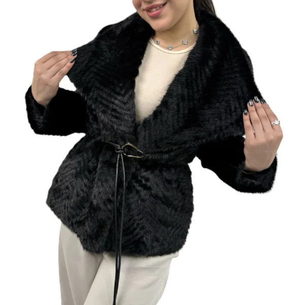 کت پوست یقه آمریکایی زنانه | خرید کت خزدار فری سایز برند پانیذ کد ۷۸۴ - Image 4