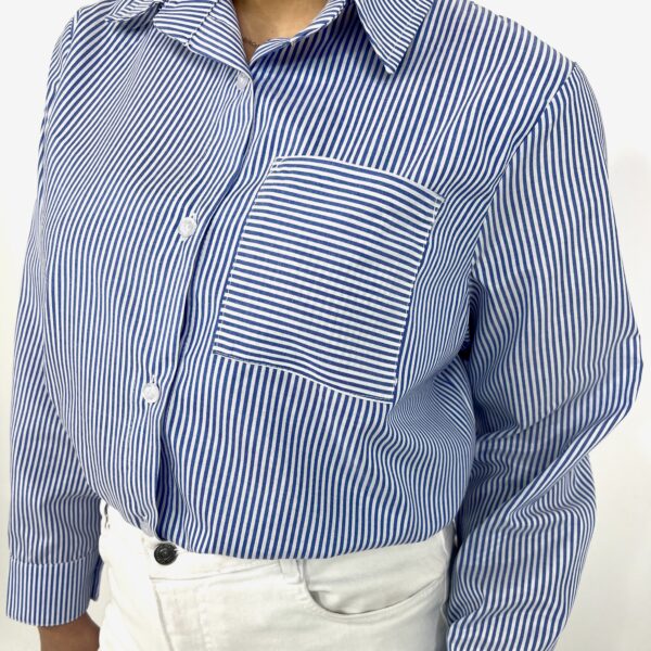 شومیز ابی راه راه | شومیز  تک جیب فری سایز برند پانیذ کد 118 - Image 2