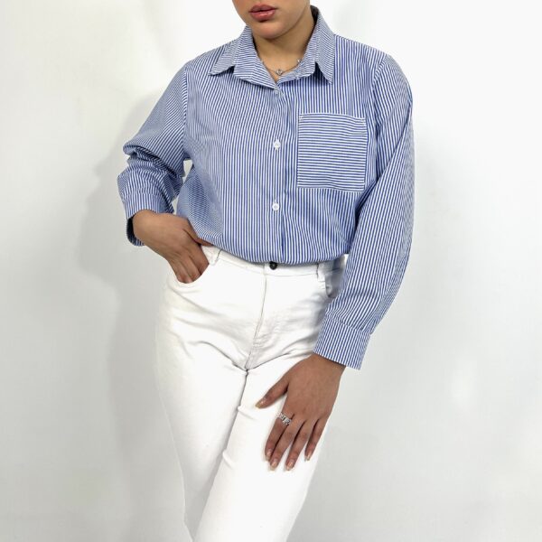 شومیز ابی راه راه | شومیز  تک جیب فری سایز برند پانیذ کد 118 - Image 4